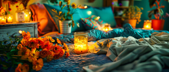 Cozy Bedroom at Night with Warm Blanket and Soft Candlelight, Comfortable and Inviting Interior Design