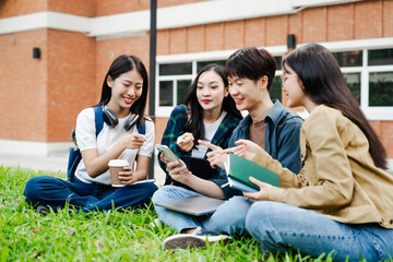 Diverse group of young adults from Asia and beyond, enjoying university life together. happy,...