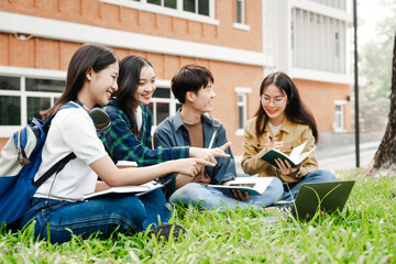 Diverse group of young adults from Asia and beyond, enjoying university life together. happy, learning, and making lifelong friendships, whether in outside class, sunny summer days or cozy weekends