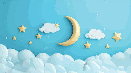 Rescent moon golden stars and white clouds 3d style isolated