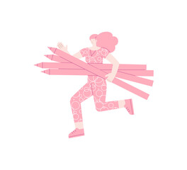 Running girl with bunch of giant pencils isolated on white - 775834853