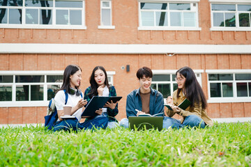 Diverse group of young adults from Asia and beyond, enjoying university life together. happy,...