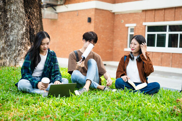 Diverse group of young adults from Asia and beyond, enjoying university life together. happy,...