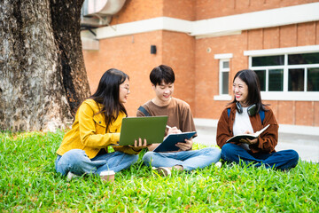 Diverse group of young adults from Asia and beyond, enjoying university life together. happy,...