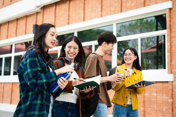 Diverse group of young adults from Asia and beyond, enjoying university life together. happy, learning, and making lifelong friendships, whether in outside class, sunny summer days or cozy weekends - obrazy, fototapety, plakaty