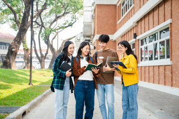 Diverse group of young adults from Asia and beyond, enjoying university life together. happy, learning, and making lifelong friendships, whether in outside class, sunny summer days or cozy weekends - obrazy, fototapety, plakaty