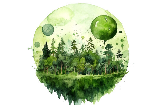 Green planet Earth with nature in a watercolour style isolated on a transparent background