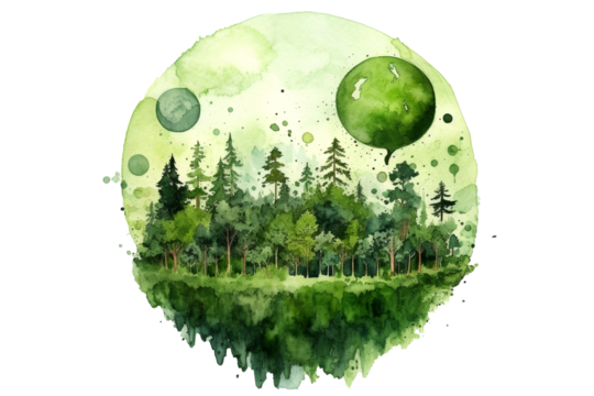 Green planet Earth with nature in a watercolour style isolated on a transparent background