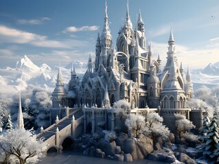 Naklejka premium Huge fantasy fantasy castle in the snowy mountains. 3d rendering
