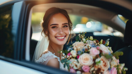 Radiant bride in a car holding a bouquet, beaming with joy on her wedding day.