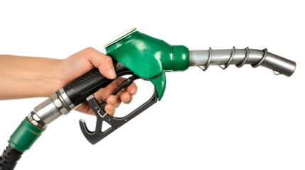 Hand holding Fuel nozzle isolated on transparent background