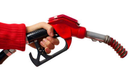 Hand holding Fuel nozzle isolated on transparent background