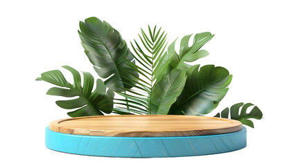 Clean teal and wooden empty podium display for cosmetic or natural product isolated on transparent background