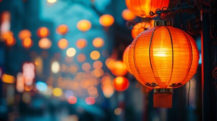 Traditional Chinese New Year lanterns decorating the streets during the festive celebrations in Shanghai, China