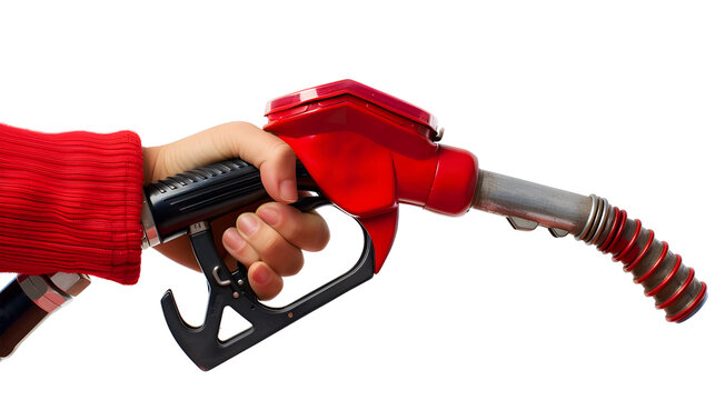 Hand holding Fuel nozzle isolated on transparent background