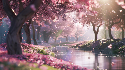 Tranquil Cherry Blossom Trees by the Water Illustration