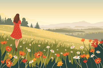 Young woman in a red dress walks through a flower field with green grass against the backdrop of meadows and a forest landscape. Vector illustration for print and design.
