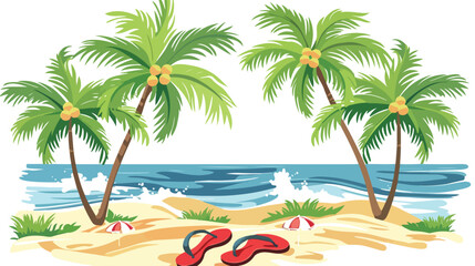 Fototapeta na wymiar Summer beach scene with tree palms and flip flops flat