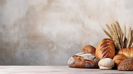 An array of freshly baked bread, from crusty baguettes to seeded rolls, tastefully arranged against a soft white backdrop, celebrating the art of bakery.