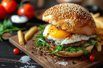 Satisfying Burger egg bun food. Fast food meal. Generate Ai