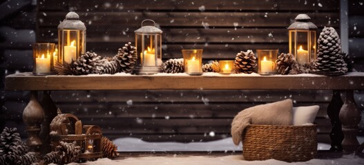 Cozy winter holiday display with candles and pinecones on wooden shelf. Seasonal decoration.