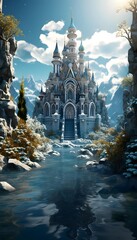 Fairytale castle in winter forest. Fantasy landscape. 3D rendering