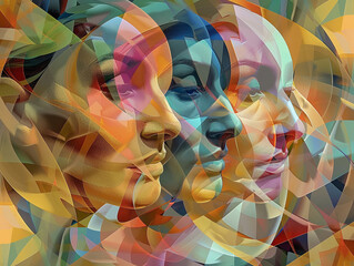 Colorful illustration of women faces, graphic abstract faces poster art