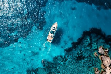 aerial view of a luxury yacht gracefully cruising the clear blue waters, an unparalleled experience of sea exploration