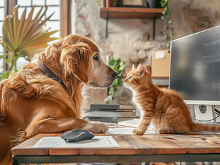 Candid moment in modern office between boss dog and subordinate cat, office romance, office flirting - obrazy, fototapety, plakaty