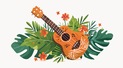 Ukulele and tropical leafs. fourstring guitar hand d