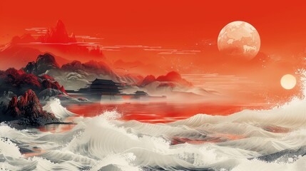 Chinese ink landscape with sea and sun.moon,mountain