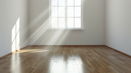 A room with a large window and wooden floors. The room is empty and the sunlight is shining through the window