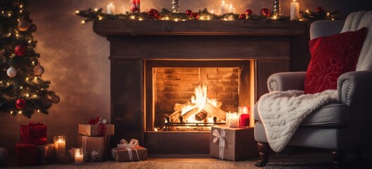 Christmas Home Interior with a rustic fireplace, adorned with stockings, and surrounded by cozy...