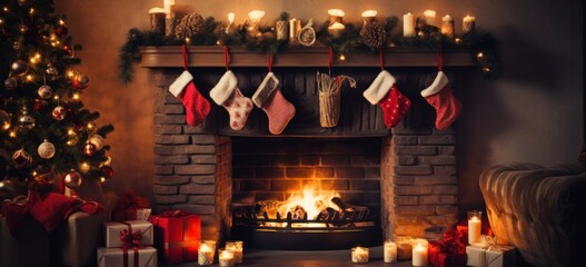 Festive fireplace with stockings and gifts. Christmas and holiday season decoration.
