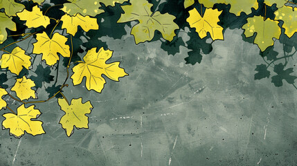 A painting of leaves with a grey background. The painting has a peaceful and calming mood