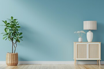 Light cornflower blue wall mockup in a room with a white small cabinet, plant pot and wood flooring