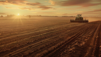 Fototapeta premium Harvesting corn in the middle of an open field with a green harvester working on it. Harvester harvesting
