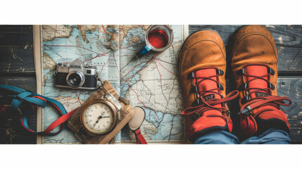 A person's feet are on a map with a camera and a cup. Concept of adventure and exploration