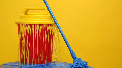 A yellow and blue bucket with a blue handle is next to a mop