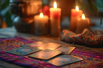 Naklejka premium Tarot cards on a table with blurred candlelights background