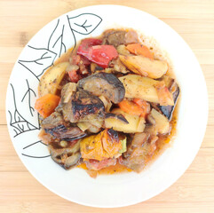 Top view of a traditional dish of Greek vegetable medley (Briam).