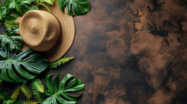 A hat is on top of a leafy green plant. The hat is brown and has a straw brim. The plant is surrounded by other green plants, creating a lush, tropical atmosphere