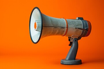 Bright orange background with megaphone and newspaper, communication and information concept, advertising and announcement tool, news and media theme - obrazy, fototapety, plakaty
