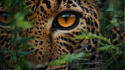 Nature's Portrait Panthera pardus Eye Amidst Lush Foliage - obrazy, fototapety, plakaty