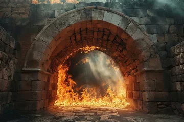 Papier Peint photo Lavable Vielles portes Ablaze Ancient arch fire. Land desert. Generate Ai