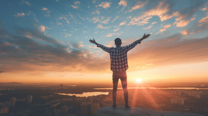 An Indian man stands atop a high place, arms raised joyfully, embracing the sunrise with distant cityscapes below