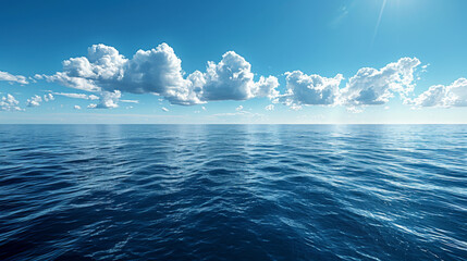 Expansive Blue Ocean and Sky with Cumulus Clouds - obrazy, fototapety, plakaty