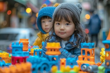 A joyful little Asian child delights in playing with a vibrant array of colorful block toys, creating a bustling town scene with boundless happiness. Generative AI.