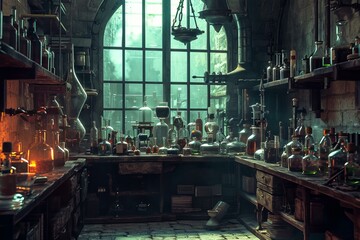 Cluttered Wizard laboratory. Magic lab ancient. Generate Ai