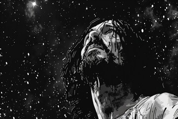 Poignant black and white pencil illustration of Jesus Christ with a crown of thorns looking skyward. - obrazy, fototapety, plakaty